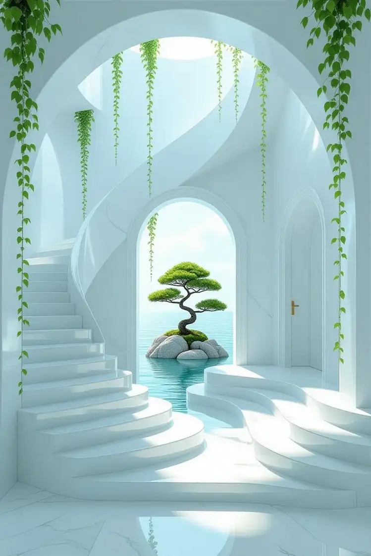 Surrealism style image of an alternate dimension with white marble staircases forming a maze of staircases going off into the distance, including staircases going everywhere leading to doors, with green hanging vines; one door in the middle is open to reveal a single bonsai tree growing on top of rocks in the middle of the ocean; lighting is bright, clean, and medical with cool white light from an unknown source.