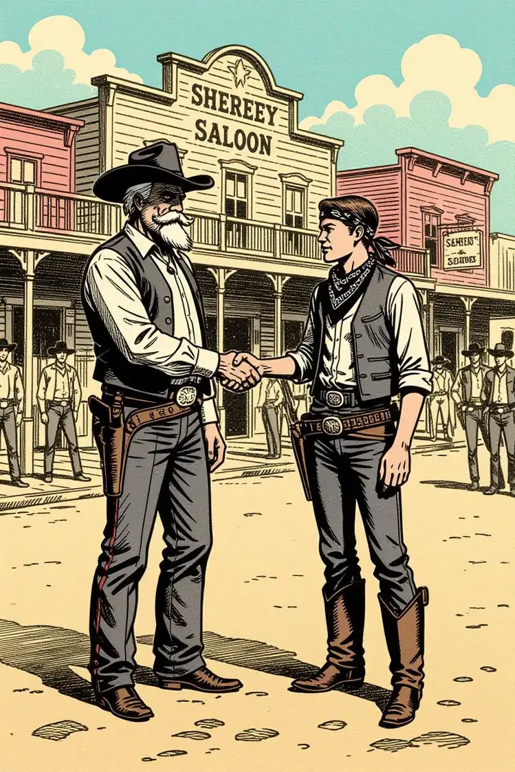 A black pencil retro comic style image of a tall, grizzled sheriff with a bushy white mustache shaking hands with a lean, youthful cowboy wearing a black bandana outside of a saloon on a crowded dusty street, monochrome with a pastel palette, featuring ink dots and visible black textures, framed in a wide-angle composition showcasing the bustling street and saloon facade.