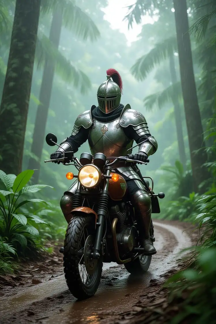 A knight in armor riding a motorcycle down a rainforest